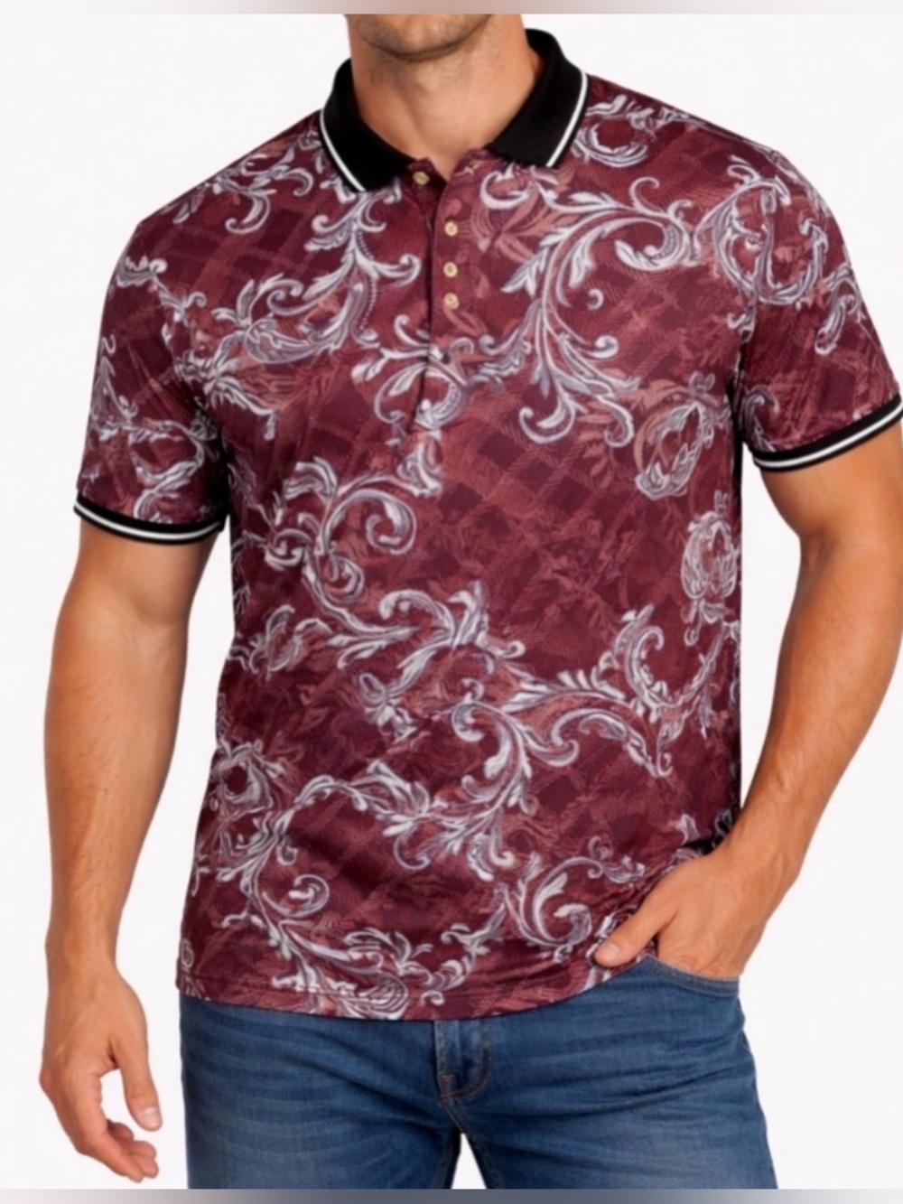 Barabas Men’s size L Burgundy Baroque Print Polo Shirt (A537)